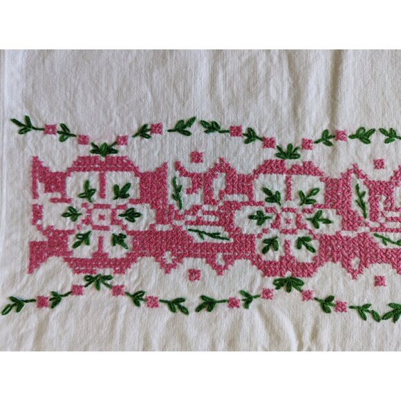 Vintage Pink cross stitch + crochet edge pillow case, nursery decor, romantic - Picture 3 of 6
